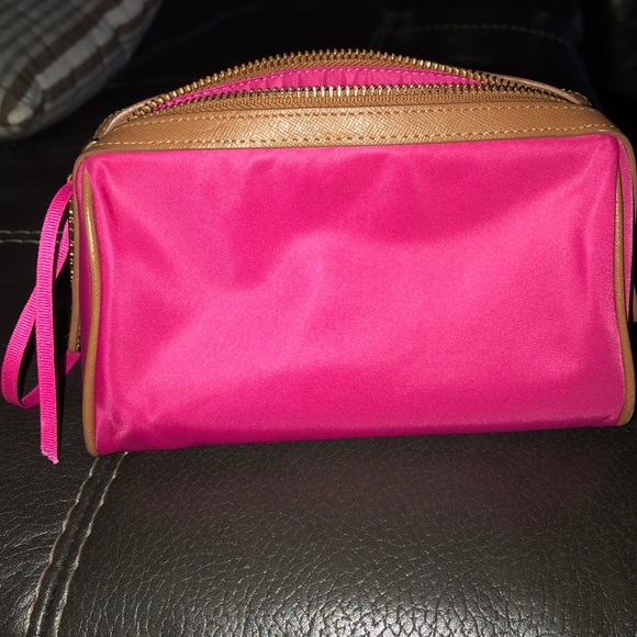 Tory Burch - cosmetic bag. Pink vinyl and tan leather. - Picture 3 of 9